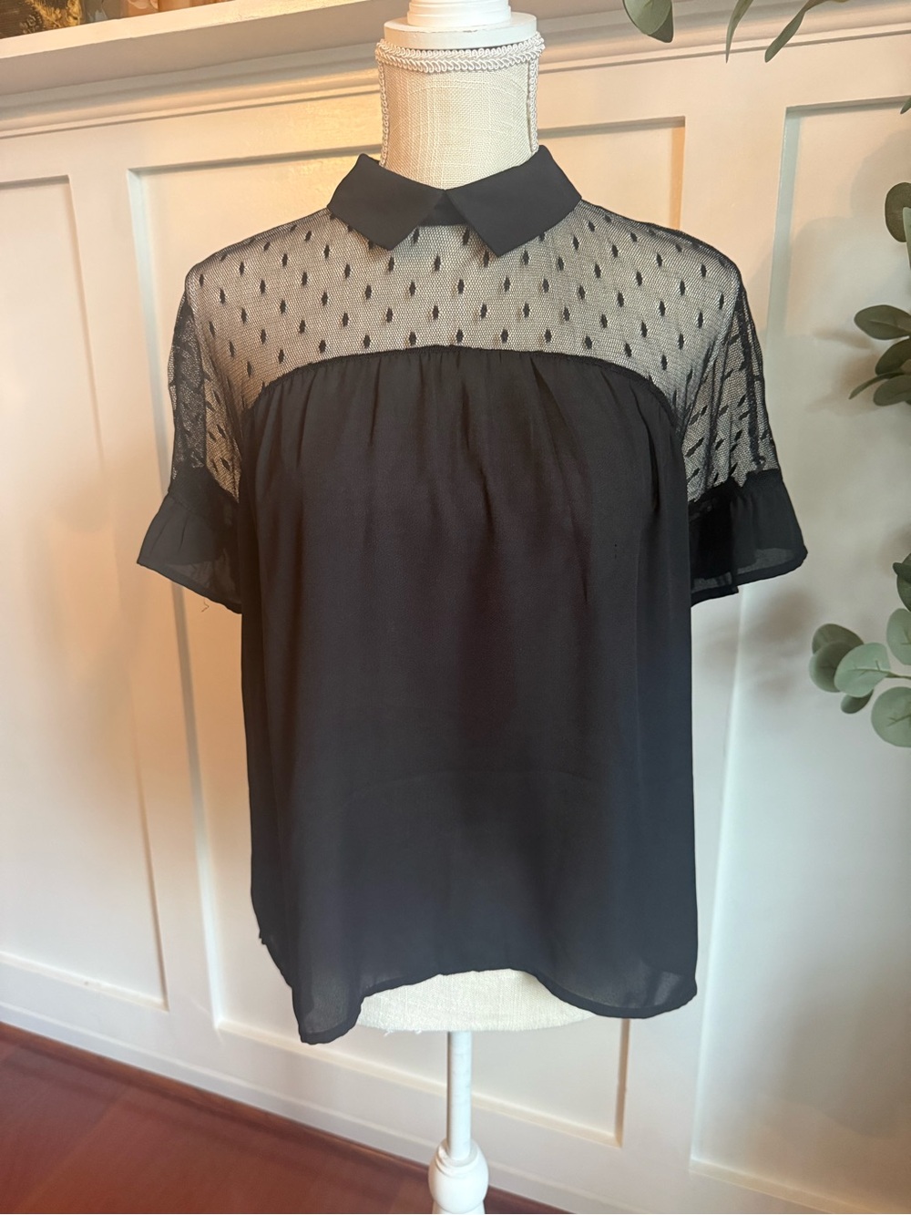 Lily White Black Sheer Polka-Dot Yoke Blouse